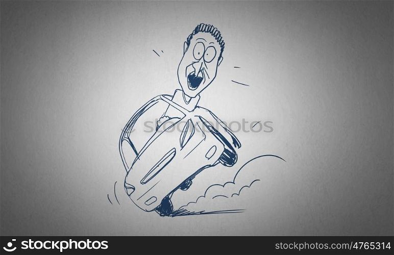 Cartoon funny man. Caricature of funny man driving car on white background