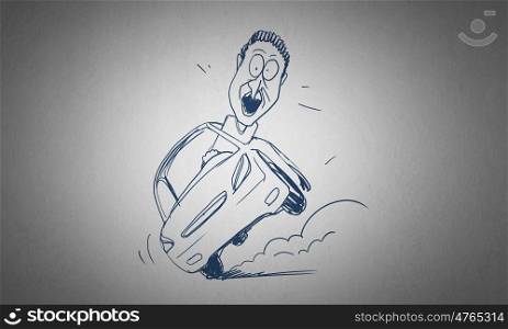 Cartoon funny man. Caricature of funny man driving car on white background