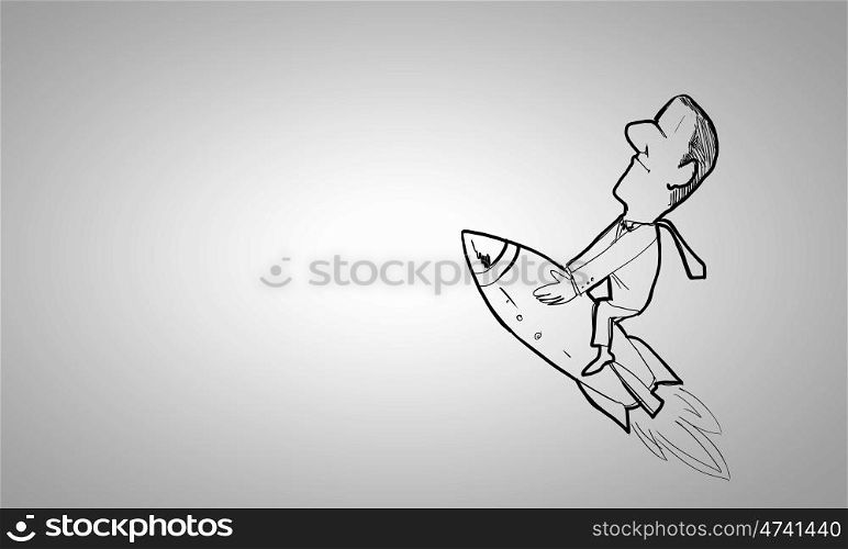 Cartoon funny man. Caricature of funny man flying on rocket