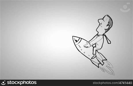 Cartoon funny man. Caricature of funny man flying on rocket