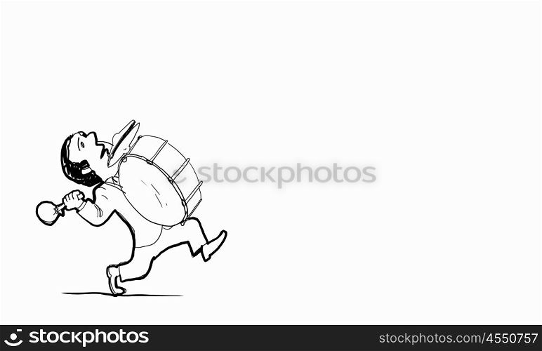 Cartoon funny man. Caricature of funny man playing big drum