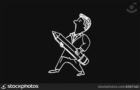Cartoon funny man. Caricature of funny man with pencil on black background