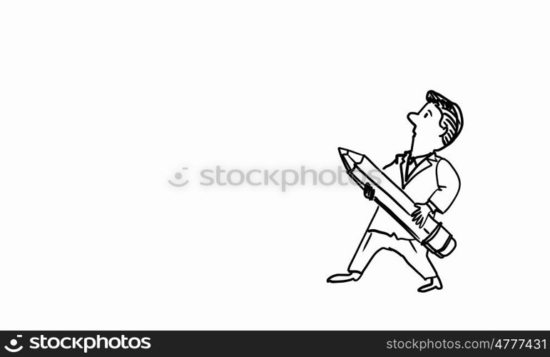 Cartoon funny man. Caricature of funny man with pencil on white background