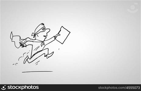 Cartoon funny man. Caricature of funny running businessman on white background