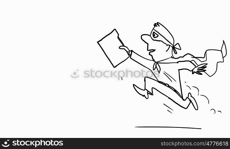 Cartoon funny man. Caricature of funny running businessman on white background