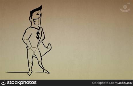 Cartoon funny man. Caricature of funny super hero with dollar sign on chest