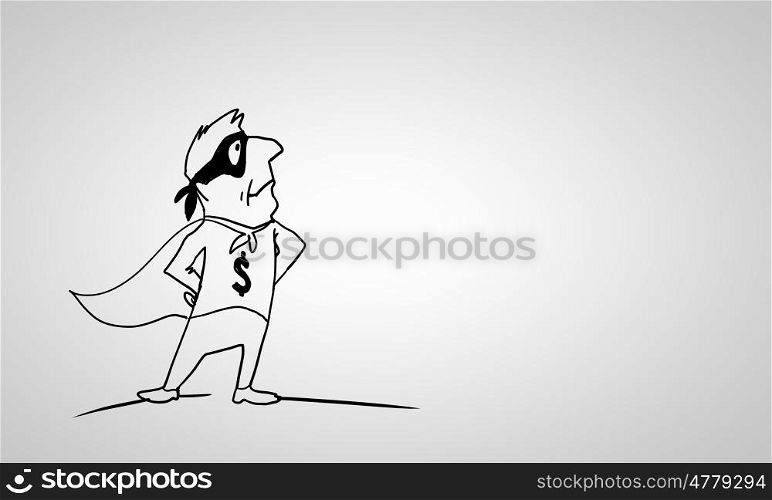 Cartoon funny man. Caricature of funny super man on white background