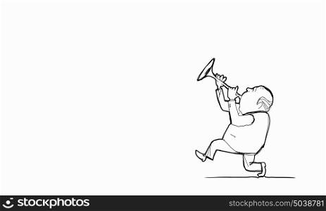 Cartoon funny man. Caricature of funny walking man playing fife