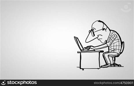 Cartoon funny man. Caricature of funny writer man on white background
