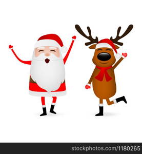 Cartoon funny santa claus and reindeer waving hands isolated on white background. Cartoon funny santa claus and reindeer waving hands isolated on white