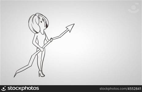 Cartoon funny woman. Caricature of businesswoman with arrow on white background