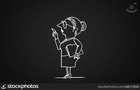 Cartoon funny woman. Caricature of funny woman teacher on dark background