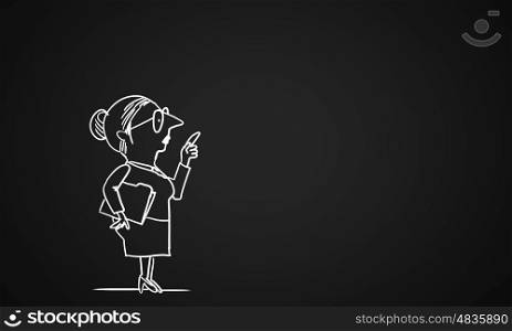 Cartoon funny woman. Caricature of funny woman teacher on dark background