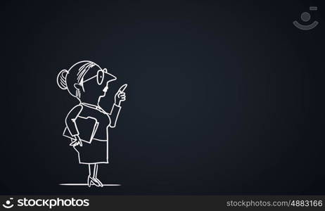 Cartoon funny woman. Caricature of funny woman teacher on dark background