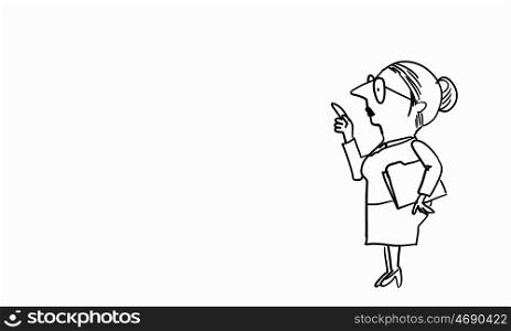Cartoon funny woman. Caricature of funny woman teacher on white background