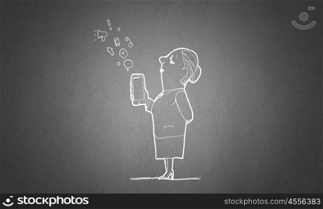 Cartoon funny woman. Caricature of funny woman with mobile phone in hand