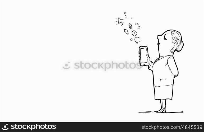 Cartoon funny woman. Caricature of funny woman with mobile phone in hand