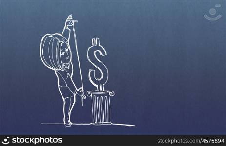 Cartoon funny woman. Caricature of woman measuring dollar sign on blue background