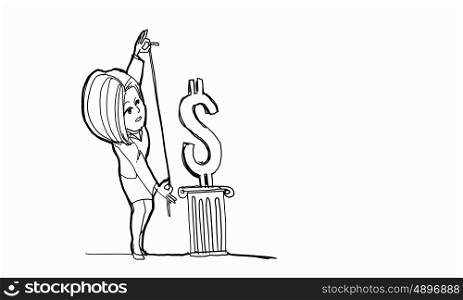 Cartoon funny woman. Caricature of woman measuring dollar sign on white background