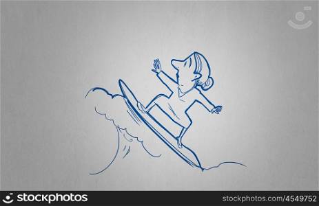 Cartoon funny woman. Caricature of woman on surfing board on white background