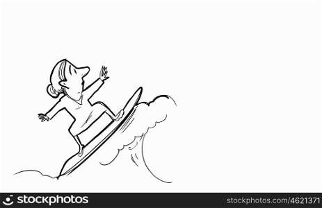 Cartoon funny woman. Caricature of woman on surfing board on white background