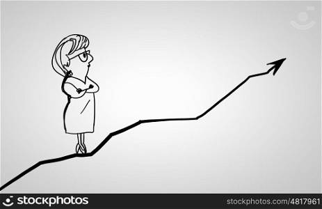 Cartoon funny woman. Caricature of woman standing on arrow on white background