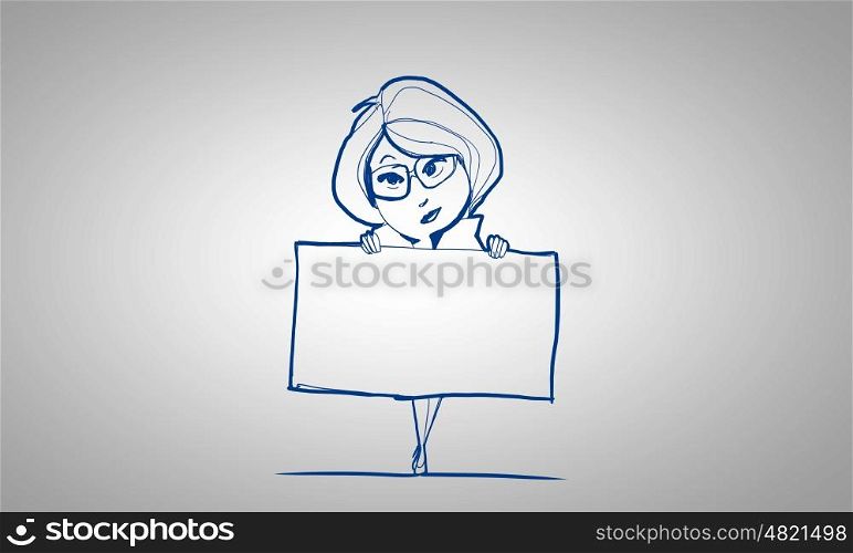 Cartoon funny woman. Caricature of woman with blank banner on white background