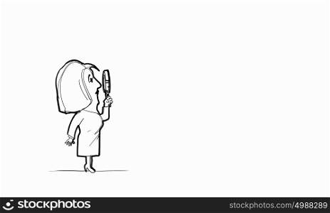 Cartoon funny woman. Caricature of woman with magnifier in hands on white background