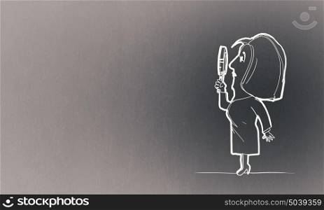 Cartoon funny woman. Caricature of woman with magnifier in hands on white background