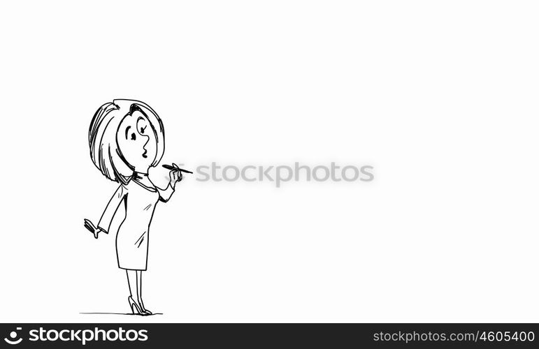 Cartoon funny woman. Caricature of woman with pen in hands on white background