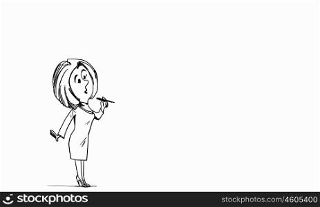 Cartoon funny woman. Caricature of woman with pen in hands on white background