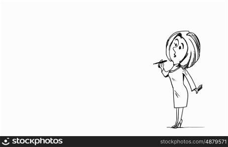 Cartoon funny woman. Caricature of woman with pen in hands on white background