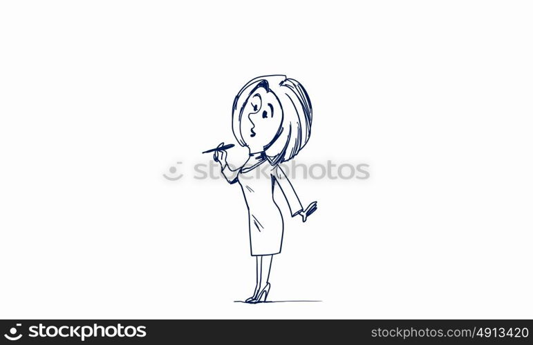 Cartoon funny woman. Caricature of woman with pen in hands on white background