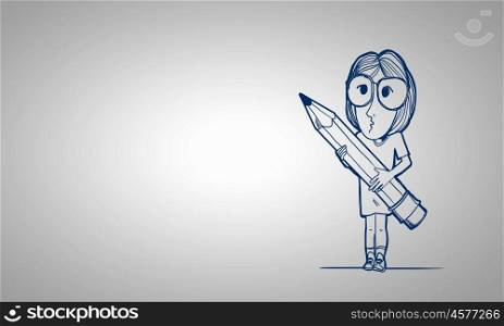 Cartoon funny woman. Caricature of woman with pencil in hands on white background