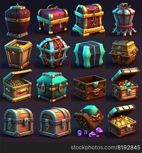 cartoon game treasure chest ai generated. open golden, pirate money, wooden old cartoon game treasure chest illustration. cartoon game treasure chest ai generated