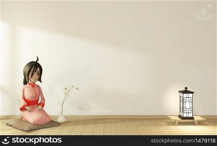 Cartoon girl in kimono on room interior japanese style. 3D rendering