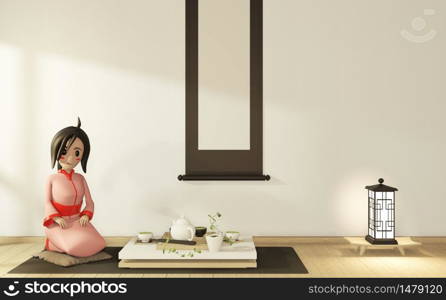 Cartoon girl in kimono on room interior japanese style. 3D rendering