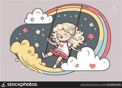Cartoon graphic art style of little girl swinging with happiness. distinct generative AI image.. Cartoon graphic art style of little girl swinging with happiness