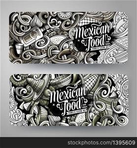 Cartoon graphics vector hand drawn doodles mexican food corporate identity. 2 horizontal banners design. Templates set. Cartoon graphics vector hand drawn doodles mexican food corporate identity