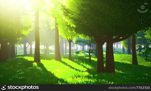 Cartoon Green Forest Landscape with Trees and flowers