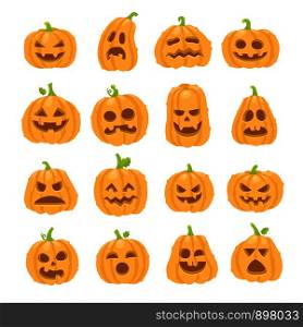 Cartoon halloween pumpkin. Orange pumpkins with carving scary smiling cute glowing faces. Decoration gourd vegetable or holiday spooky happy face, october nature vector isolated icon set. Cartoon halloween pumpkin. Orange pumpkins with carving scary smiling faces. Decoration gourd vegetable happy face vector icon set