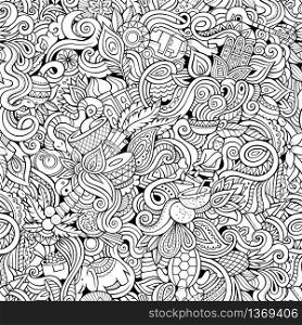 Cartoon hand-drawn doodles on the subject of Indian style theme seamless pattern. Contour vector background. Cartoon hand-drawn doodles on the subject of Indian style theme seamless pattern