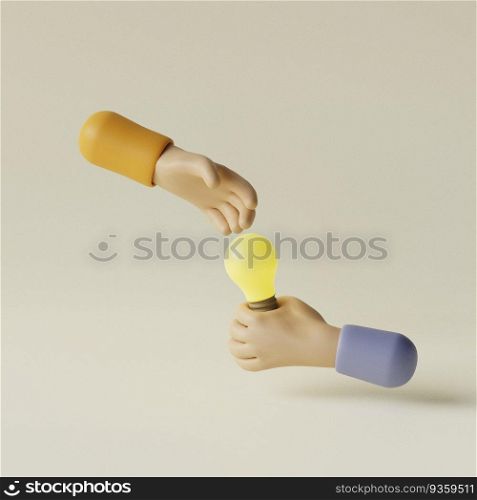 Cartoon hand give l&bulb to another hand. Symbol get idea icon. 3d render illustration