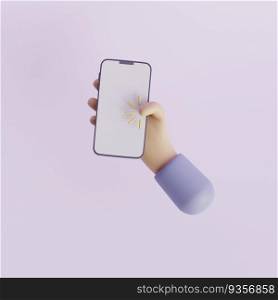Cartoon hand hold smartphone and click on screen. 3d render illustration