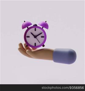 Cartoon hand holding an alarm clock. 3d render illustration
