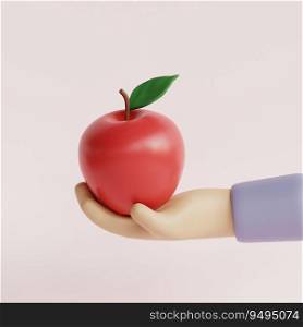 Cartoon hand holding apple. 3d render illustration