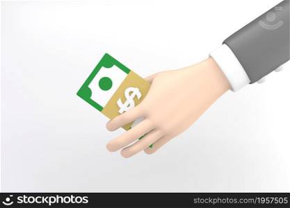 cartoon hand holding banknotes.3D rendering