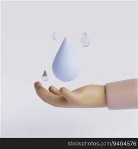 Cartoon hand holding drop of water. world water day concept. 3d render illustration