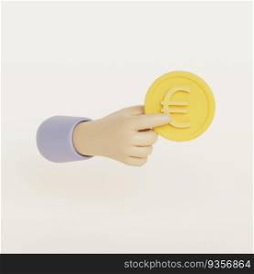 Cartoon hand holding gold euro coin. Concept of donation and investment. 3d render illustration