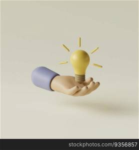 Cartoon hand holding light bulb.Business creative idea concept. 3d render illustration